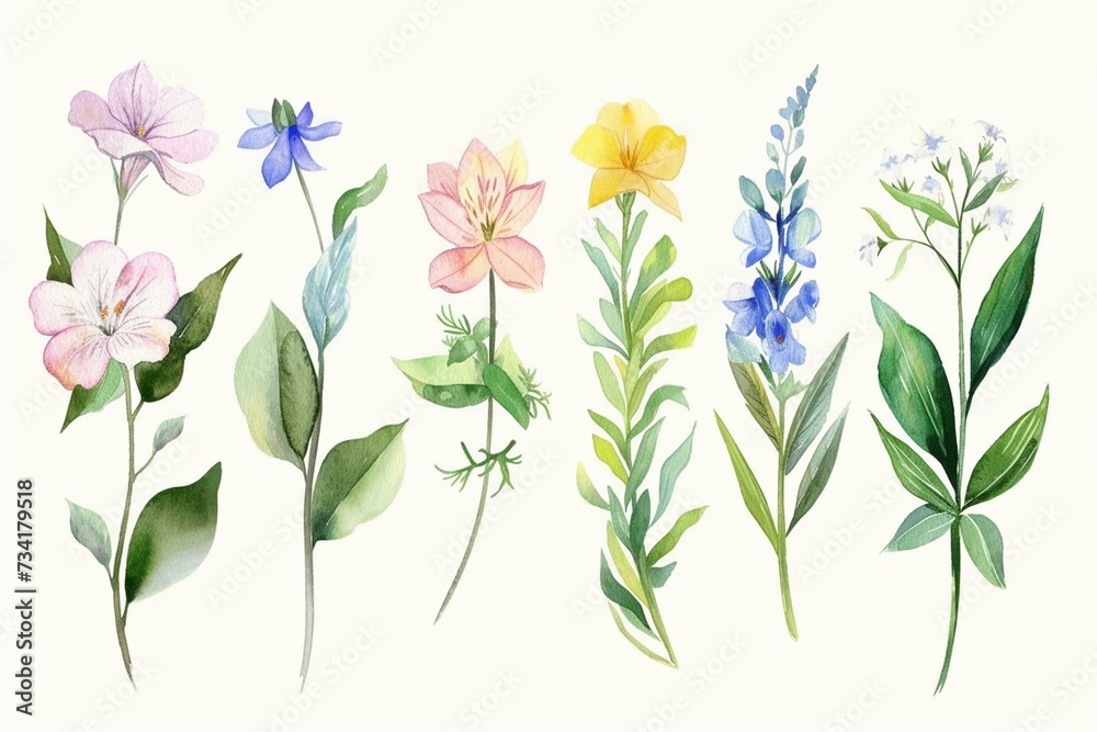 Set watercolor arrangements with garden plant. collection pink, yellow flowers, leaves, branches. Botanic illustration isolated on white background.