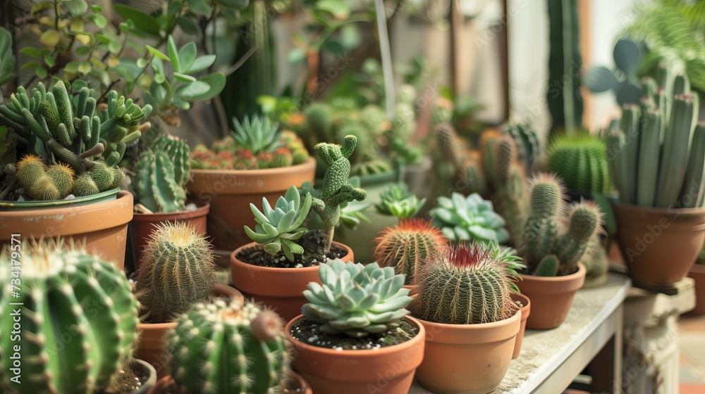 Assorted cacti in flowerpots on wood table, creating a green plant community Assorted cacti in flowerpots on wood table, creating a green plant community