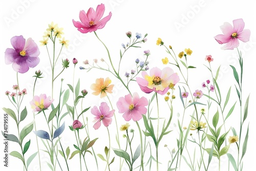 Set watercolor arrangements with garden plant. collection pink, yellow flowers, leaves, branches. Botanic illustration isolated on white background. © Areesha