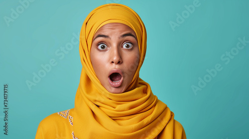 North African Woman Displaying Surprise and Amazement, Isolated on Solid Background - Copy Space Available