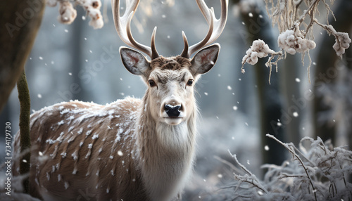 Close up portrait of a cute deer in snowy forest generated by AI © Gstudio