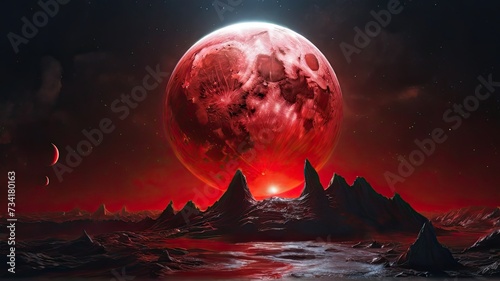 Full red moon at night with red sky and small mountains arround , scary view photo