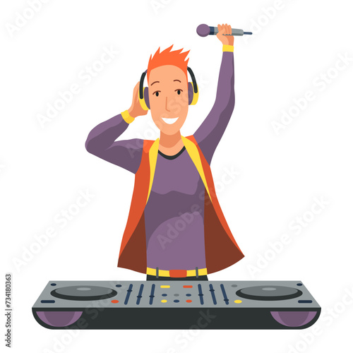 Dj character. Male party musician in headphones for event music record console vector people. Dj music party, musician in headphones illustration