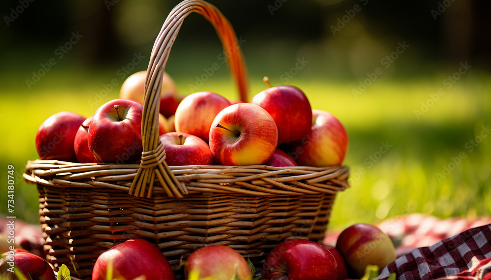 Fresh fruit from the orchard, a healthy picnic on grass generated by AI