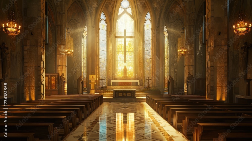 Divine sanctuary - Catholic church interior with Christ, spiritual atmosphere - obrazy, fototapety, plakaty 