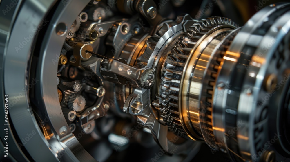 Fototapeta premium Mechanical precision - transmission gears closeup, industrial technology stock photo
