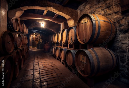 cellar with barrels for storage of wine, Italy. Generative AI