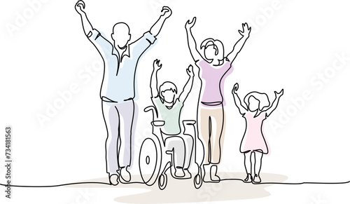 Happy disabled boy with his family together outdoor.