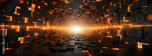 an image of black and orange blocks of fire falling to the ground, in the style of futuristic digital art, dark gold, mosaic graffiti, abstraction-création, softbox lighting, symmetrical grid, voxel a