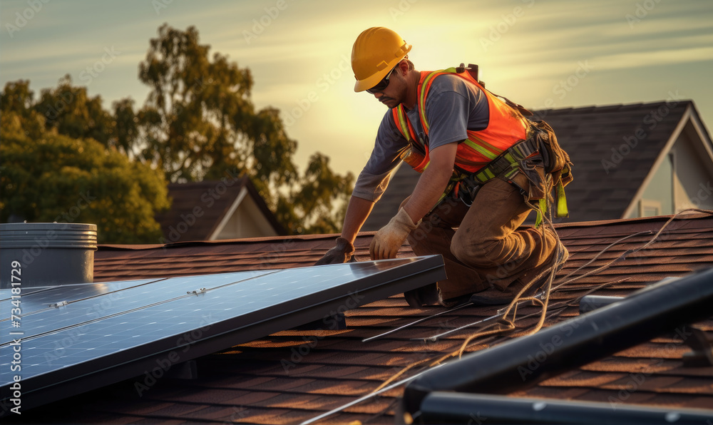 Profesional worker is installing solar panels on the roof of the house. Sustainable energy sources. Alternative energy Profesional worker is installing solar panels on the roof of the house. Sustainable energy sources. Alternative energy