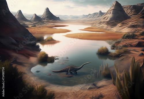 3D rendering of wetlands in Hell Creek about 67 million years ago. The formation was home to dinosaurs such as Tyrannosaurus Rex and Triceratops. Generative AI photo