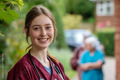 Radiant Young Nurse with Stethoscope Outside the Hospital
