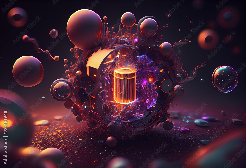 elementary particles in micro space, abstract futuristic 3d illustration. Generative AI - obrazy, fototapety, plakaty 