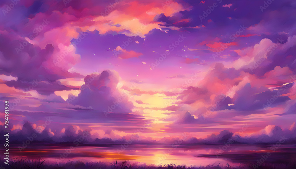 sunset over the ocean with purple anime art