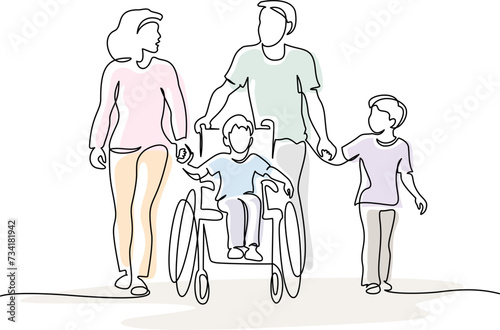 Happy disabled boy with his family together outdoor.