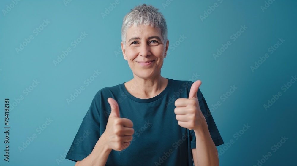 ältere Frau zeigt Daumen hoch – Zustimmung, Aufbruch, Optimismus. Sie trägt ein dunkelblaues T-Shirt vor einer hellblauen Wand. - obrazy, fototapety, plakaty 
