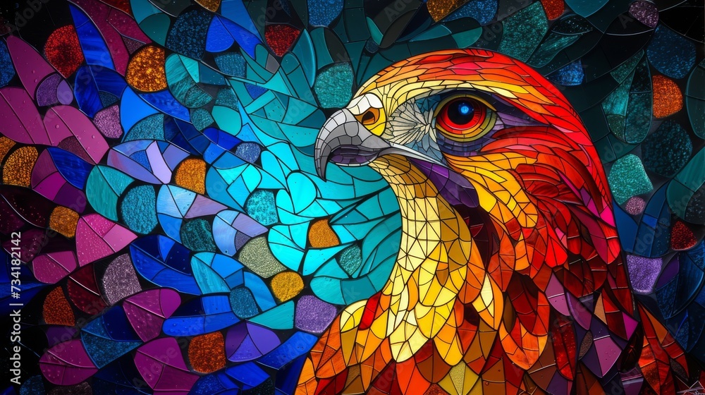 Obraz premium Stained glass window background with colorful Falcon or eagle abstract