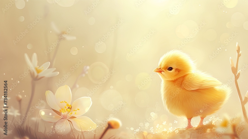 a very cute yellow chick standing against a captivating light monochromatic background, with a delicate flower nearby, creating a heartwarming and enchanting scene of innocence and beauty