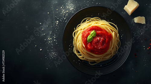 Italian spaghetti with tomato sauce and grated parmesan top view on black board  photo