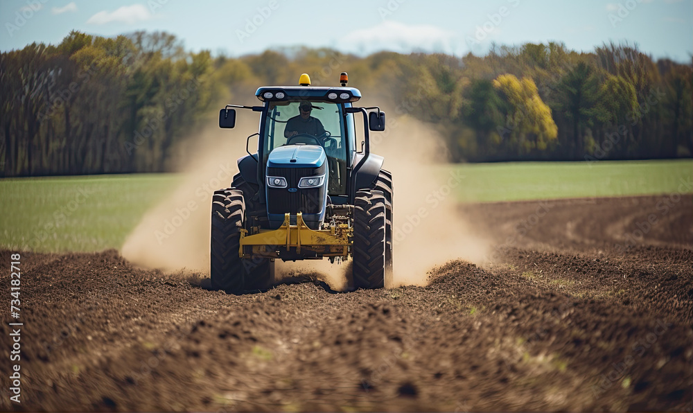Obraz premium a man cultivates a field with a tractor.