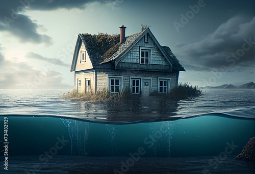 House flooded by rising sea level. global warming and climate change concept. Generative AI