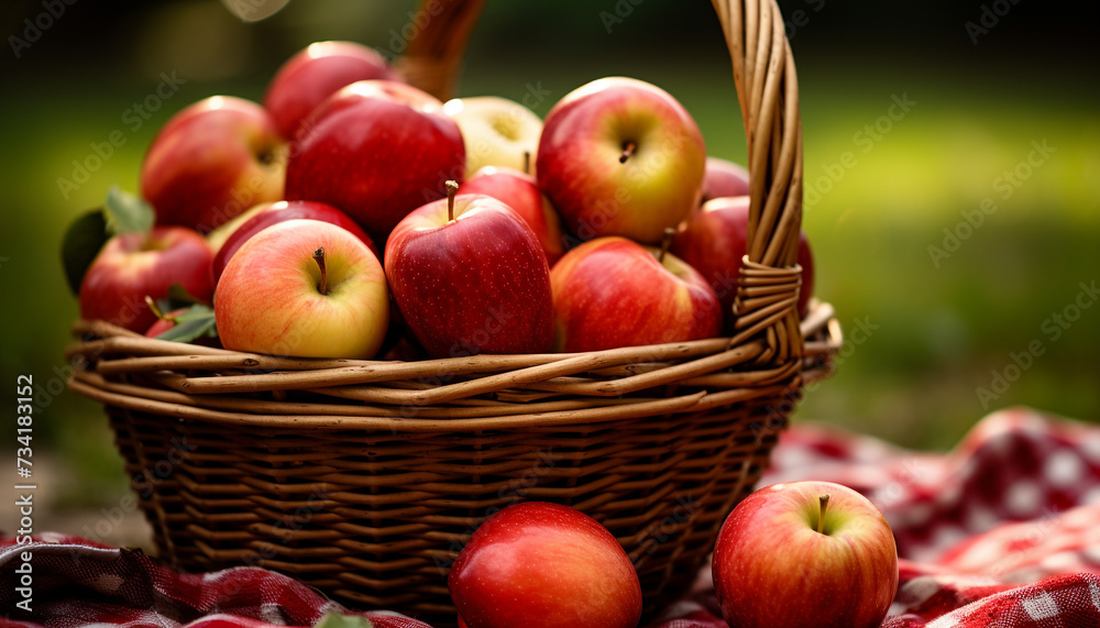 Fresh, ripe apples fill the wicker picnic basket outdoors generated by AI Fresh, ripe apples fill the wicker picnic basket outdoors generated by AI