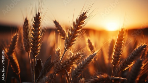 A field of wheat bathed in the warm glow of the setting sun.