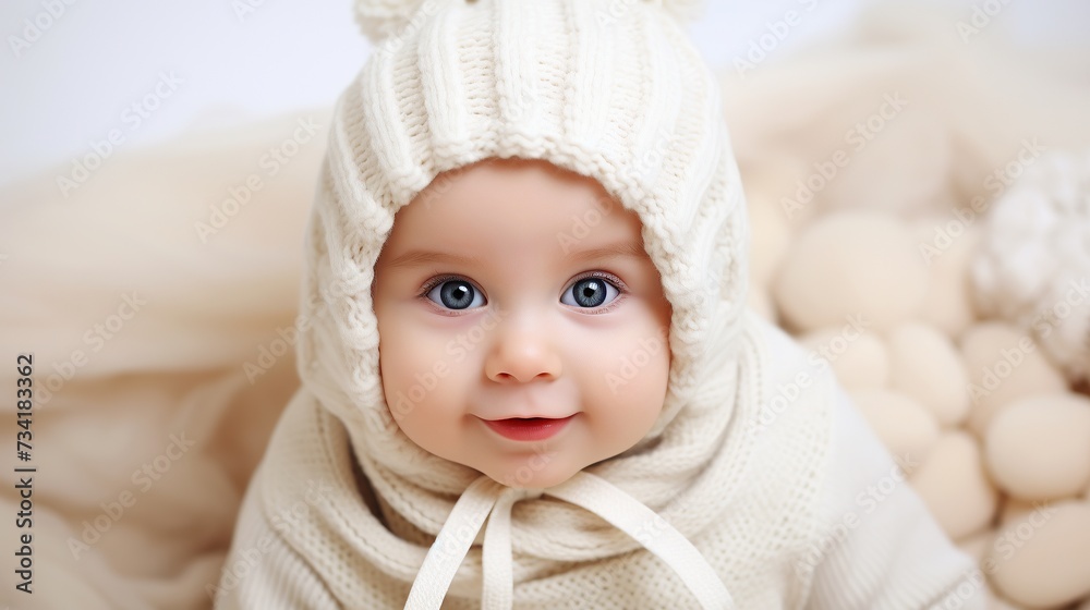 portrait of a cute smiling baby. Cute baby in bed on his stomach with his head up looking with his big eyes. Warm and soft beige clothing. Close up. portrait of a cute smiling baby. Cute baby in bed on his stomach with his head up looking with his big eyes. Warm and soft beige clothing. Close up.