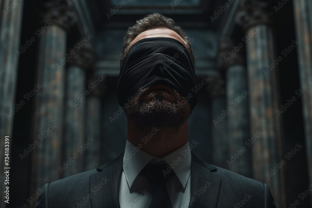 A professional man wearing a suit and tie with a blindfold over his ...