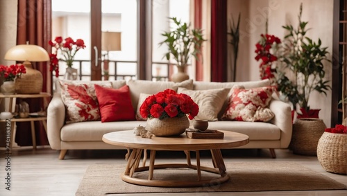 Warm and cozy interior of living room space with round wooden table, beige sofa, red flowers, kimono, rattan chair, decoration