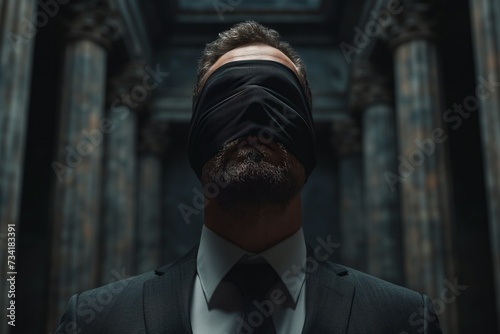 A professional man wearing a suit and tie with a blindfold over his eyes photo