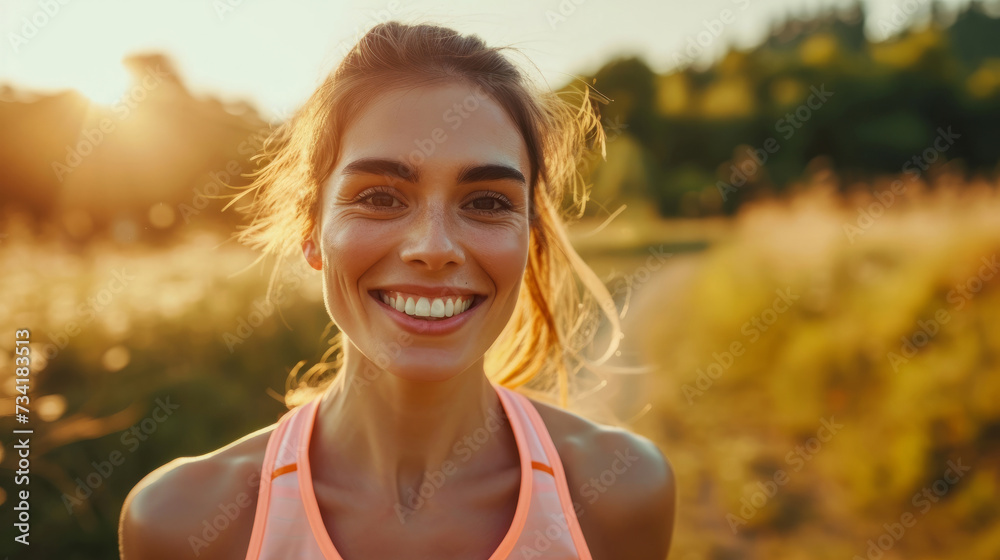 Happy athletic girl doing fitness outdoors. Young female athlete jogging in forest. Jogger doing morning physical training. young girl dressed in sports clothes running in the forest during the summer Happy athletic girl doing fitness outdoors. Young female athlete jogging in forest. Jogger doing morning physical training. young girl dressed in sports clothes running in the forest during the summer