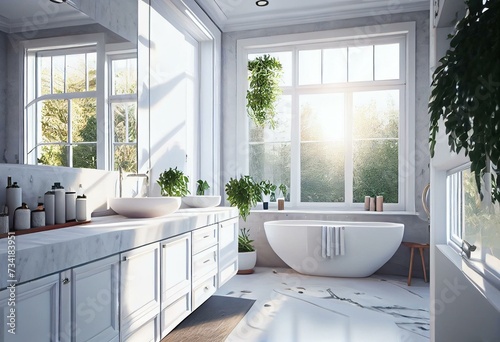 Light bathroom interior with sink and tub near panoramic window. Generative AI photo