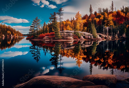 A panoramic view of the vivid fall colors along the shoreline of a secluded Northwoods lake.  Vilas County, WI. Generative AI photo