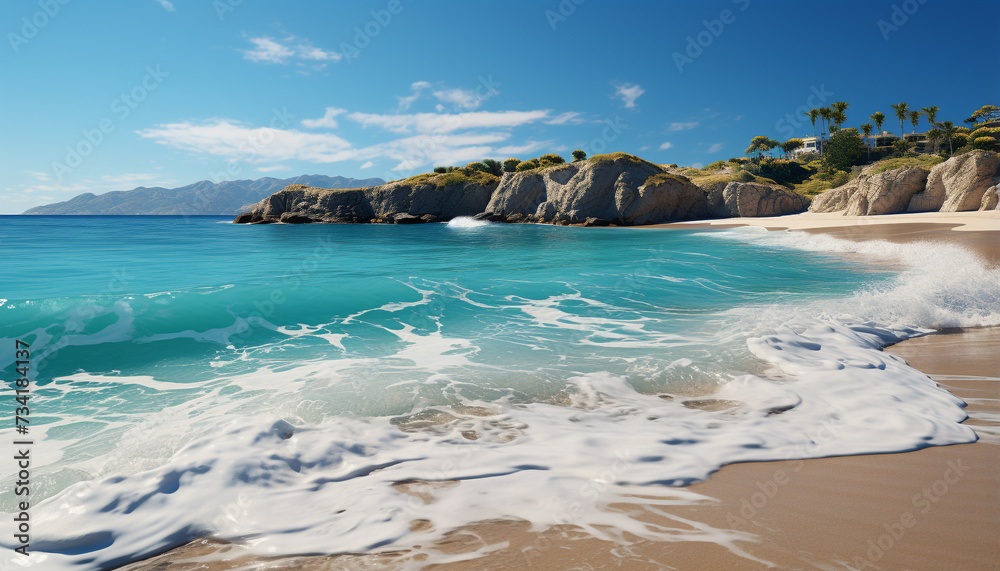 Idyllic summer coastline, turquoise wave reflects beauty of nature generated by AI