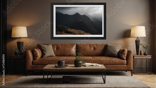 A large black blank picture frame hangs over a large brown sofa, mockup, horizontal, landscape format