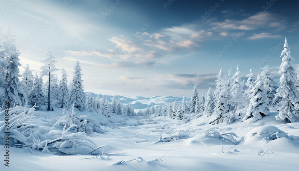 Winter landscape snow covered mountains, tranquil forest, frozen beauty generated by AI