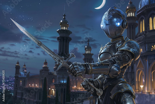 A depiction of a noble robot wielding a two handed sword against the backdrop of a grand palace at night photo