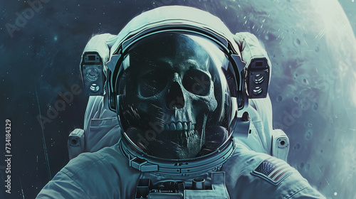 A cosmic backdrop with the reflection of a skull on an astronauts helmet