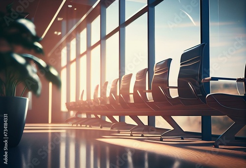 Business travel and avia concept with perspective view on light empty seat rows in sunlit spacious airport waiting area hall with huge panoramic windows and wooden floor. 3D rendering. Generative AI photo