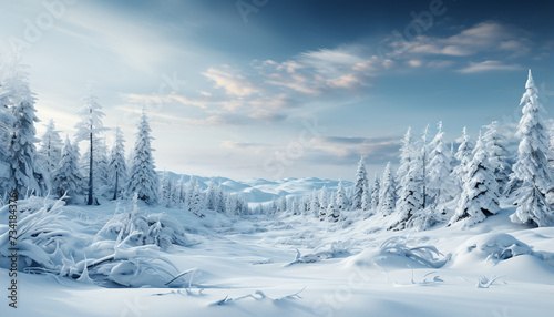 Winter landscape snow covered mountains, tranquil forest, frozen beauty generated by AI © Gstudio