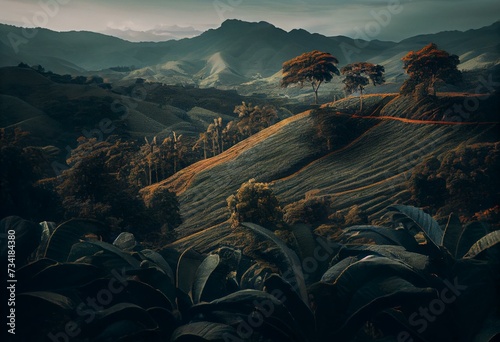 Viewing a scene of hills covered in coffee trees in the vicinity of Manizales, Colombia. Generative AI photo