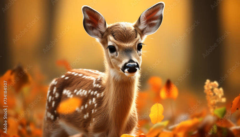 Fototapeta premium Cute deer in autumn forest, looking at camera, standing peacefully generated by AI
