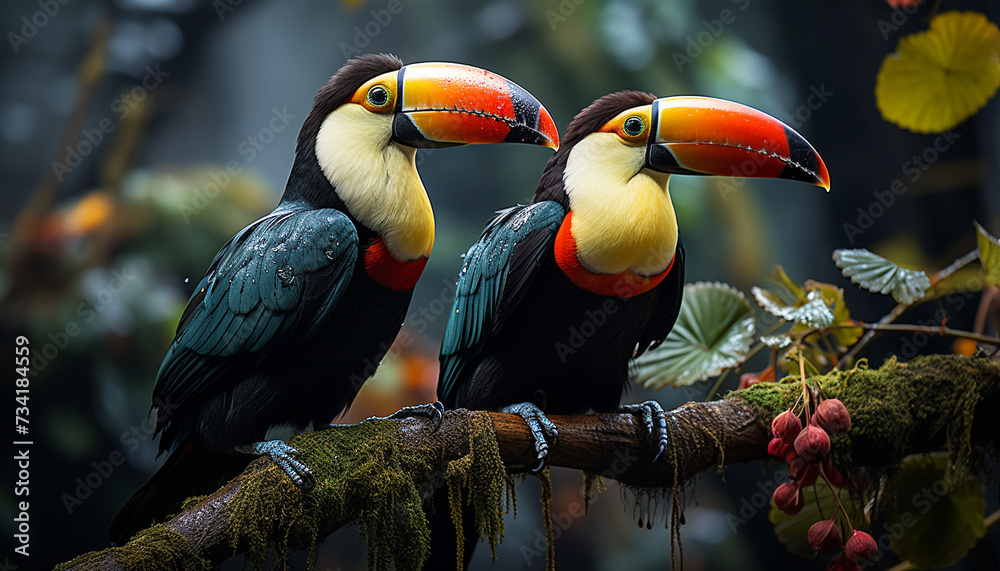 Obraz premium Toucan and macaw perching on branch in tropical rainforest generated by AI