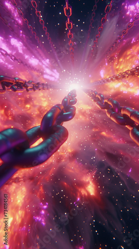 A series of chains coiling through a bright nebula filled space vista 3D animator