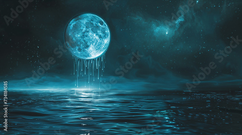A single tear reflecting the vibrant yet sad moonlight falling into an endless ocean photo