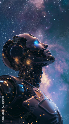 An celestial themed robot gazing upon the milky way in deep space as a backdrop