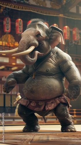 An elephant displaying the strength and technique of Sumo Wrestling animated in 3D with a traditional Japanese Sumo ring as the backdrop