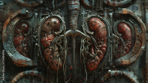An eerie artwork featuring kidneys encased in intricate pieces of armor all molded from human flesh photo