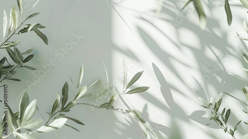a blank greeting card mockup featuring olive tree branches delicately arranged on a white table background, perfect for wedding invitations.